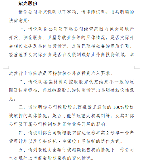 聚富配资 紫光股份港股上市收到证监会反馈意见：控股股东西藏紫光通信的100%股权被质押，是否会导致重大权属纠纷